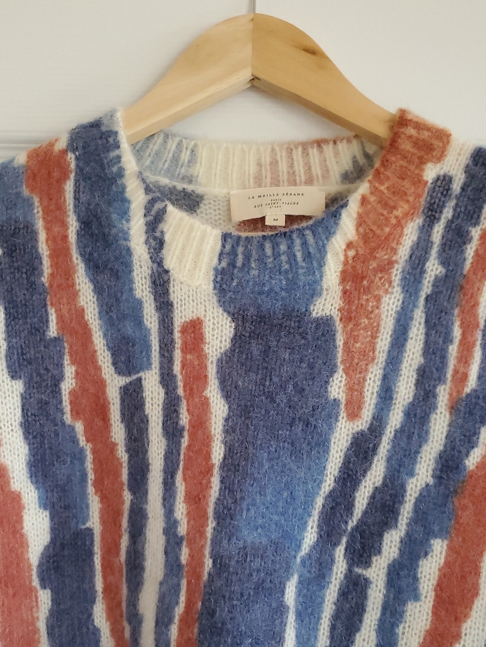 Sezane Cream Sweater with Blue and Rust Vertical Stripes